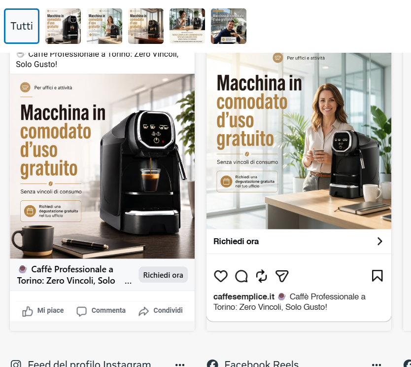 Screenshot della campagna Caffè Semplice per uffici e attività, con macchina in comodato d’uso e richiesta di degustazione.