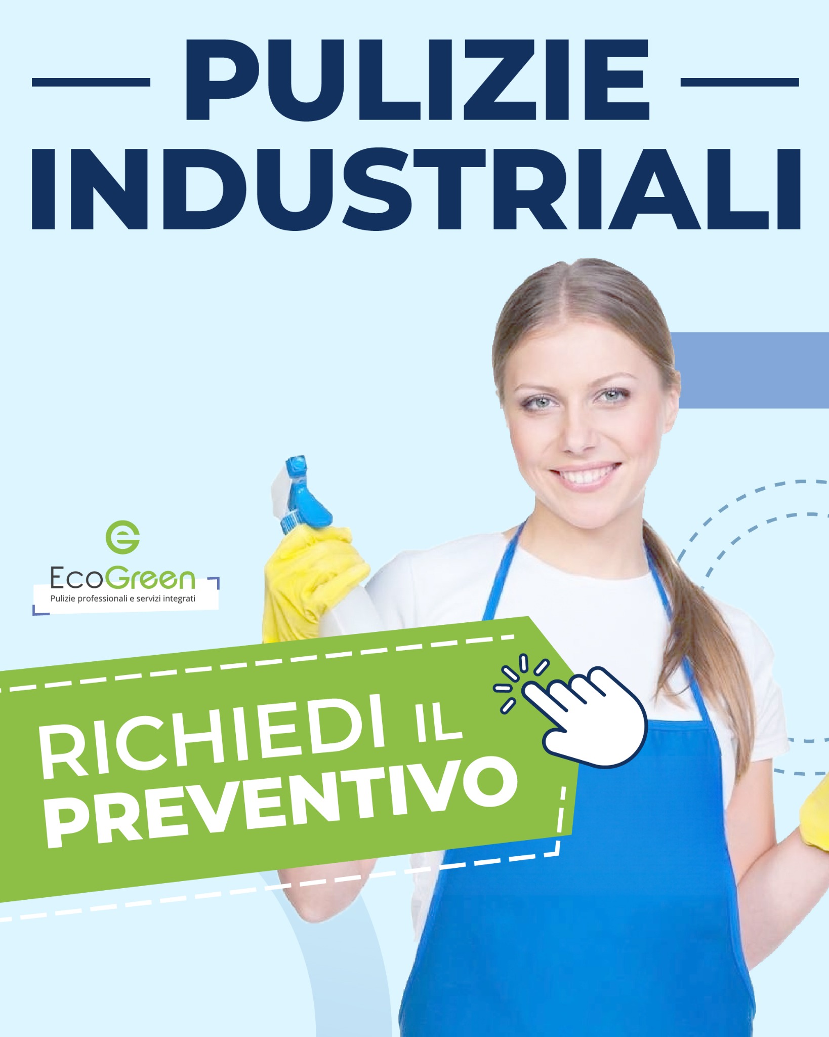 Creatività verticale EcoGreen per le pulizie industriali, con invito a richiedere un preventivo.